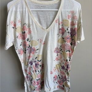 Lucky Brand Cream V-Neck Floral Tee with Pink, Purple & Yellow Accents